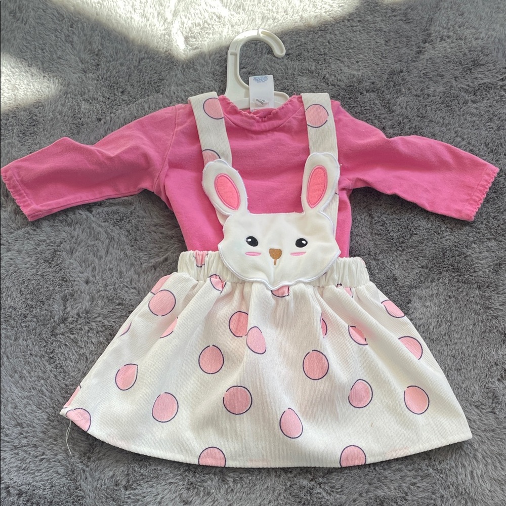 Pink Long Sleeve Top with Bunny Polka Dot Dress 3-6 months Easter outfit